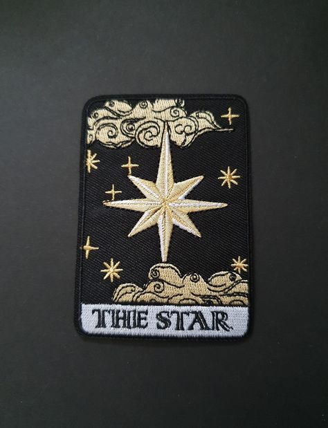 Tarot card embroidered patch. Black with white embroidery and an iron on backing.  Measures approx. 75mm or 3 inches tall.  Easy to attach to clothes, bags, bedding, furnishings etc check out my shop for more goodies x Iron Patches Ideas, Star Patches, Embroidery Tarot, Tarot Card Embroidery, Tarot Embroidery, Iron On Patches Ideas, The Star Tarot, Jacket Patches, Embroidery Pants