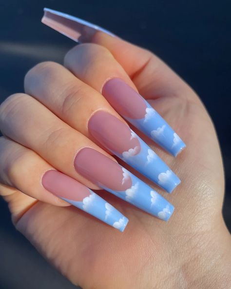 60+ Blue French Tip Nails – The Nines Alcohol Cleanse, Sky Blue Nails, Blue French Tips, October Nails, Cleansing Pads, Blue French, Design Consultation, Nail Length, Blue Clouds