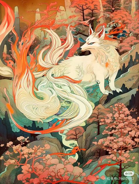 Chinese Folk Art, Everyday Art, Fox Art, China Art, Mystical Creatures, Japan Art, Fantasy Illustration, Kawaii Drawings, Land Art