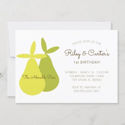 Adorable Pair Twins Birthday Yellow Green Pears for $2.80 - Birthday Invitations 80th Birthday Invitations, Twins Birthday, Anniversary Invitation, Free Birthday Card, Twins 1st Birthdays, Cute Twins, Twin Birthday, Anniversary Invitations, Cute Fruit