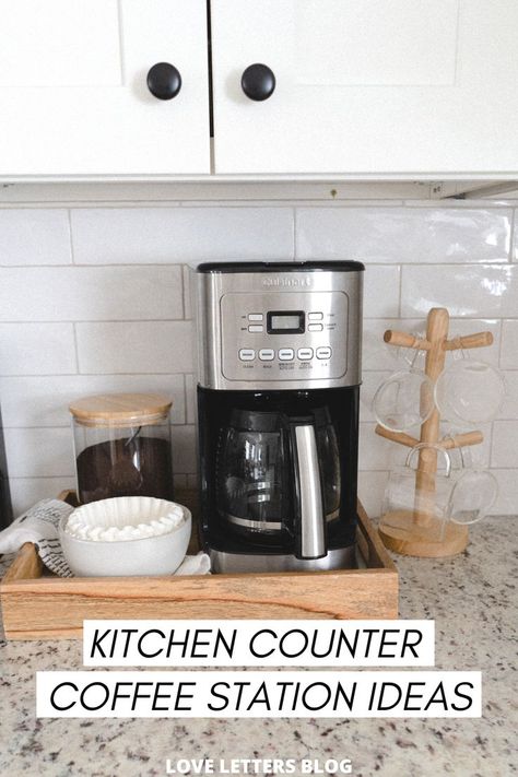 Coffee Bar On Kitchen Counter Ideas, Coffee Station In Kitchen Counter Tops, Coffee Station Under Cabinet, Coffee Bar Ideas For Counter Top, Small Counter Top Coffee Bar, Organizing Coffee Station, Coffee Nook In Kitchen Counter, Coffee Station Tray Ideas, Simple Coffee Station Ideas