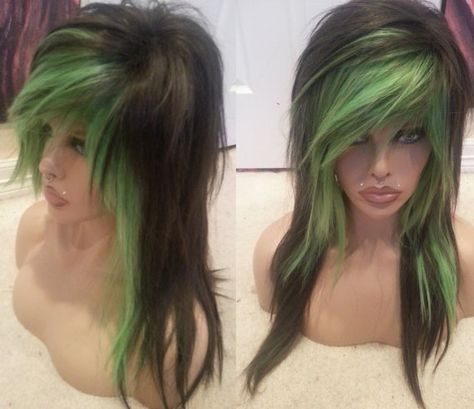 green and dark brown wig // emo girl scene punk gothic raver // bangs // ombre long bangs // two tone on Etsy, $129.99 Chunky Highlights Scene Hair, Blond Scene Hair, Brown Scene Hair, Emo Hair Color, Green And Black Scene Hair, Scene Hair Not Styled, Scene Hair Colors, Black Scene Hair, Scene Haircuts