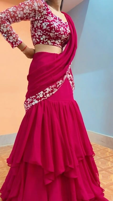 Designer Self-design Saree For Navratri, Saree-shaped Gown For Reception And Navratri, Designer Saree Gown For Navratri, Embroidered Organza Gown For Navratri, Party Wear Organza Gown For Navratri, Diwali Outfit, Beautiful Gown Designs, Radhika Merchant, Haldi Dress