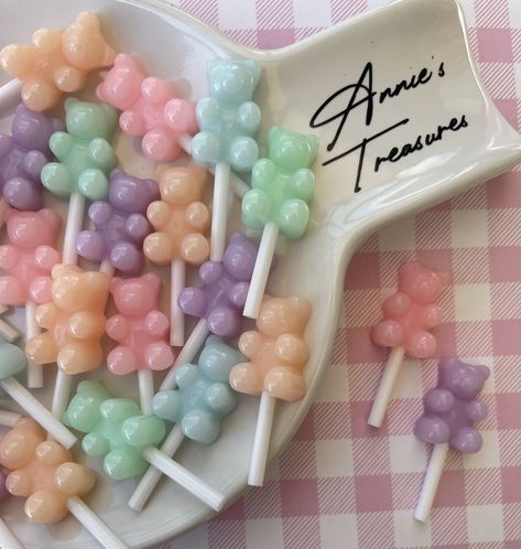 Hi and welcome! Cuteness overload right here!  This listing is for 5 pastel fake gummy bear lollipops  * fake- for display only  Thanks for stopping by, Ann Half Birthday Party, Fake Candy, Clay Bear, Bear Baby Shower Theme, Fall Ball, Teddy Bear Birthday, Bear Birthday Party, Soap Ideas, Pink Xmas