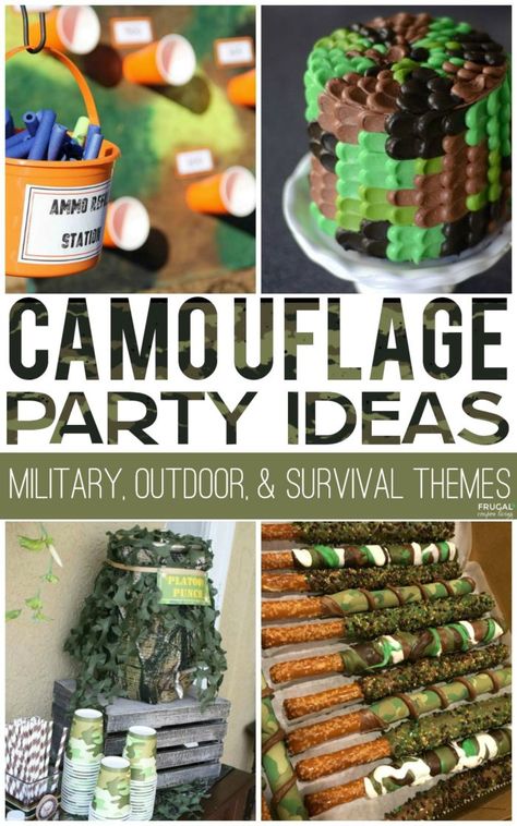 Camo Birthday Party Ideas - Camouflage party theme for the hunter, outdoor enthusiast, army soldier, call of duty or survivor #FrugalCouponLiving #camo #Camouflage #armyparty #armylove #huntingdiy #hunter #army #military #survivorparty #nerfpartyideas #nerfparty #callofduty #boypartyideas #nerf #boys #partyideas Cod Party Call Of Duty, Camo Party Ideas, Camo Birthday Party Ideas, Call Of Duty Birthday Party, Camouflage Birthday Party, Army Themed Birthday, Soldier Party, Hunting Birthday Party, Camo Birthday Party