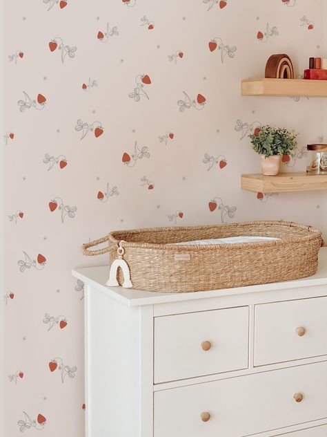 Bring a touch of sweetness to your child's space with our Strawberry Modern Beige Wallpaper. The vibrant red strawberries on a neutral beige background create a fun and playful atmosphere, perfect for a kids room or nursery. Made with high-quality, eco-friendly materials, this wallpaper is easy to install and adds a fresh and modern touch to any space. Order now to bring a touch of nature to your little one's room! Neutral funky removable wallpaper for kids room or nursery! We create any custom Red Strawberry Wallpaper, Peel And Stick Wallpaper Kids, Wallpaper Kids Room, Strawberry Wallpaper, Pantone Colours, Modern Wall Decals, Wallpaper Kids, Fruits For Kids, Kids Room Wallpaper