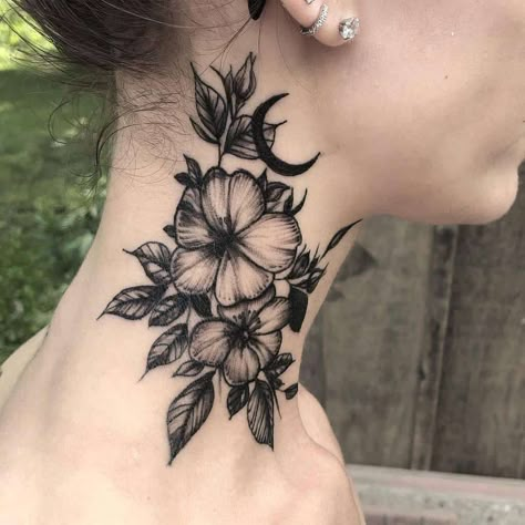 Black Dogwood Flower Tattoo bryn.beer_official Partial Neck Tattoo Women, Neck Flower Tattoos Women, Side Neck Tattoos Women Ideas Flower, Womans Neck Tattoos, Female Side Neck Tattoo Ideas, Women’s Neck Tattoo Ideas, Nature Neck Tattoo, Flower Tattoos Dark, Black Flower Tattoo Design