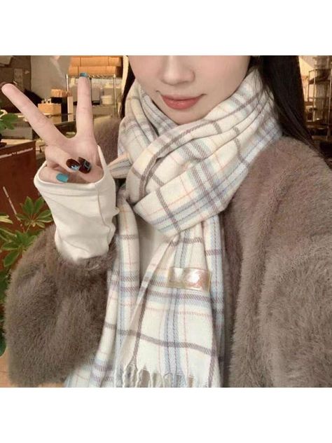 White  Collar  Polyester  Scarf,Skinny Scarf,Infinity Scarves Embellished   Women Accessories Korean Scarf Style, Korean Scarf, Aesthetic Scarf, Scarf Korean, Cute Scarves, Scarf Aesthetic, Scarf Outfit Winter, Cute Scarf, Korean Winter