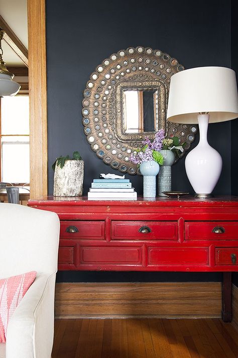 Red Console, Peacock Mirror, Black Walls » Making it Lovely Red Console Table, Peacock Mirror, Red Furniture, Diy Living Room Decor, Red Home Decor, Mirror On The Wall, Red Decor, A Mirror, Black Walls