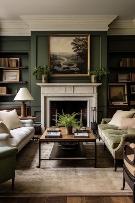 Continental Interior Design, Fancy Cozy Living Room, Federalist Style Decor Interior Design, Living Rooms With Paneling, Forest Green Fireplace, Womens Sitting Room Ideas, Green Painted Paneling, Bold Colours Living Room, Mustard Fireplace