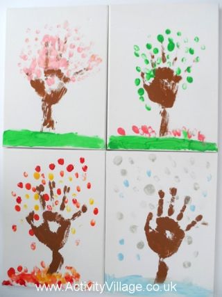 Seasonal Tree Canvases Handprint kids craft  #handprint #toddler #craft #kid Hand Print Art, Baby Art Crafts, Season Calendar, Calendar Craft, Seasons Activities, Nursery Activities, Handprint Crafts, Christmas School, Autumn Stickers