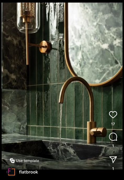 Velvet Green Bathroom, Green Tile Gold Bathroom, Green And Brass Bathroom Ideas, Green Marble Countertops Bathroom, Green Brass Bathroom, Green Countertops Bathroom, Green Bathroom Countertop, Green And Brass Bathroom, Bathroom Inspo Green