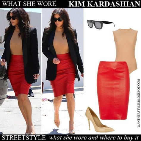 Kim Kardashian in red leather pencil skirt, black jacket, black sunglasses, beige bodysuit and beige pumps Red Pencil Skirt Outfit, Red Leather Skirt Outfit, Red Leather Pencil Skirt, Red Skirt Outfits, Skirt Pattern Easy, Kardashian Fashion, Beige Bodysuit, Red Leather Skirt, Red Street