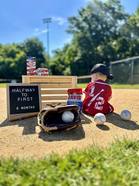 Half Birthday Baseball Theme, Halfway To First Baby Photoshoot, Half Way To First Birthday Baseball, Half Way To One Photoshoot Ideas, Halfway To One Photoshoot, Half Way To First, Milestones Quotes, Milestone Ideas, 2nd Birthday Photos