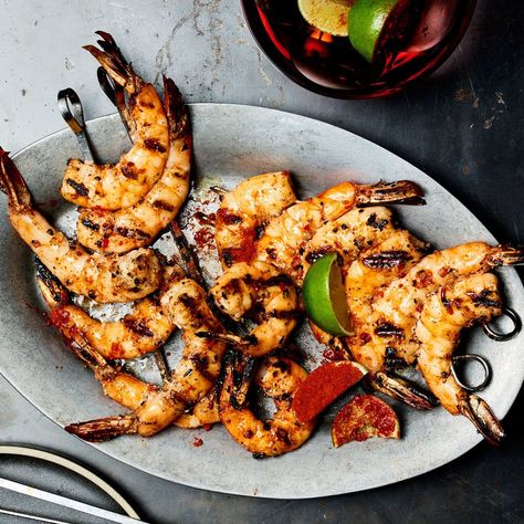 104 Main Course Recipes for a Dinner Party - Epicurious Smoked Ideas, Black Pepper Shrimp, Seafood Platters, Pepper Shrimp Recipe, Prawn Skewers, Grilled Garlic, Gold Food, Grilled Seafood Recipes, Pepper Shrimp