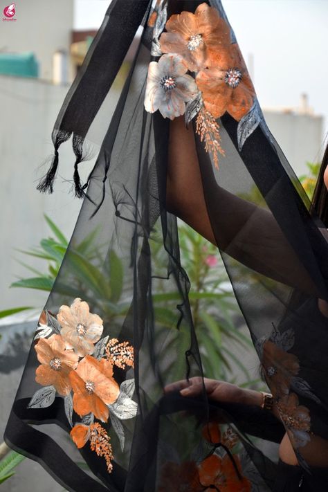 Buy Black Organza Hand painted Floral Organza Stole Online in India | Colorauction Hand Painted Organza Dupatta Designs, Black Hand Painted Dupatta, Black Suit Painting Design, Fabric Painting On Black Cloth, Hand Painted Dupattas Floral, Organza Hand Painted Dupatta, Black Organza Saree, Applic Work, Painted Dupatta