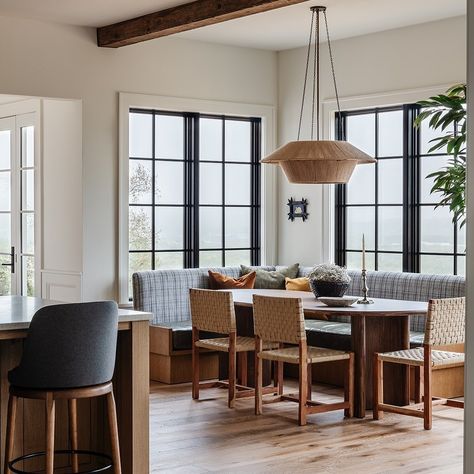 Heidi Woodman Interiors (@heidiwoodmaninteriors) • Instagram photos and videos Dining Room With Pocket Doors, Jake Arnold Lighting, Modern Kitchen Banquette, Open Living And Dining Room, Nook Lighting, Modern Cape, Built In Banquette, Kitchen Banquette, Kitchen Nook