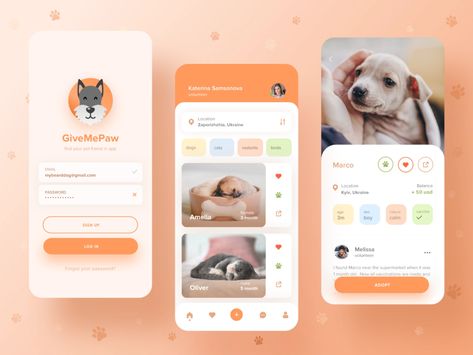 Give Me Paw charity pet adoption app by Alena Yegorova on Dribbble Plant App, Case Study Design, Mobile App Design Inspiration, App Interface Design, Christmas Message, App Layout, App Design Inspiration, App Interface, Ui Design Inspiration