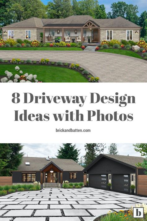 At brick&batten, our designers believe #driveways are so much more than a place to park your car. They are an exterior design element. Driveways are often the gateway to your home’s walkway and entryway. They are an opportunity (that is missed far too often) to elevate your home’s entire aesthetic. In the examples detailed below, we outline some of our favorite #drivewaydesign ideas to help get you thinking about your own driveway in a new way. #exteriordesign #drivewayideas U Shape Driveway Landscaping, Circle Driveway Landscaping, Driveway Design Ideas, Front Driveway Ideas, Parking Plan, Front Door Landscaping, Front Yard Design Ideas, Circle Driveway, Front Driveway