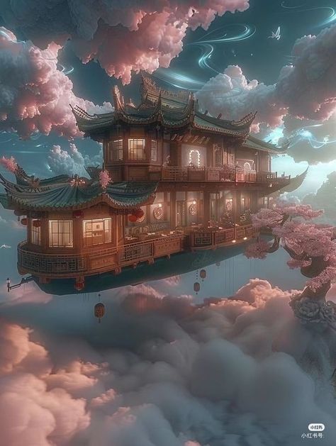 Flying Ships, Sky Temple, Chinese Boat, Futuristic House, Steampunk City, Floating Architecture, Beautiful Terrariums, Mystical Places, Yangzhou