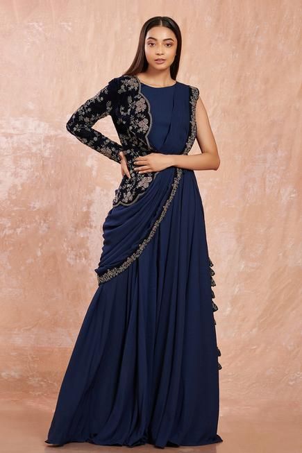 Velvet Sari, Indowestern Saree, Trending Embroidery, Blue Georgette Saree, Navy Blue Saree, Half Jacket, Beautiful Casual Dresses, Saree Gown, Ready To Wear Saree