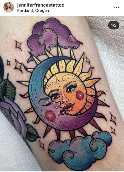 Traditional Mystical Tattoo, Neo Trad Moon Tattoo, Sun Moon Color Tattoo, Neotrad Sun And Moon, Sun And Moon Tattoo Colorful, Tattoo Ideas Female Sun And Moon, Neo Traditional Sun And Moon Tattoo, Cute Neotraditional Tattoo, Colorful Sun And Moon Tattoo