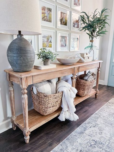 Winter Entryway, Entryway Table Styling, Front Entry Tables, Long Entryway Table, Entryway Styling, Sofa Table Decor, Entryway Style, Entry Table Decor, Storage Hallway