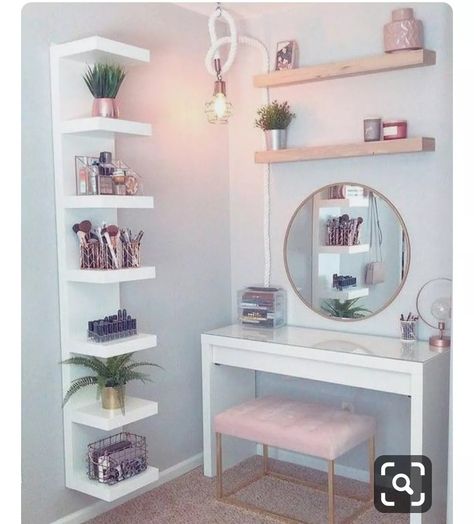 Simple Bedroom Decor, Small Apartment Bedrooms, Pink Bedroom Decor, Dressing Table Design, Circle Mirror, Apartment Bedroom Decor, Girl Bedroom Decor, Stylish Bedroom, Cozy Decor