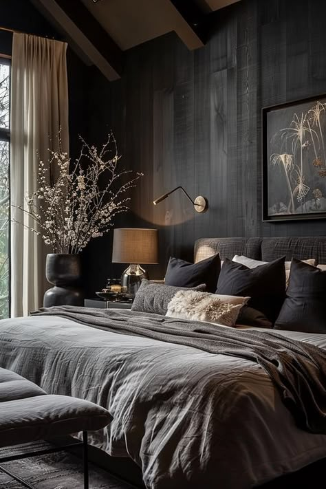 20+ Moody Bedroom Ideas for Restful Sleep - Quiet Minimal Modern Mens Bedroom, Masculine Bedroom, Moody Bedroom, Dark Bedroom, Mens Bedroom, Small Room Bedroom, Master Bedrooms Decor, Rustic Bedroom, Modern Bed