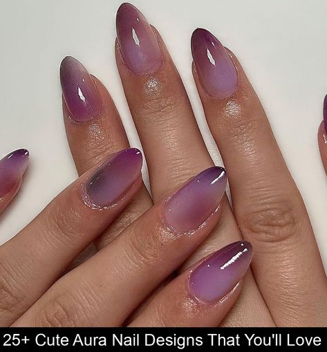 Aura nails are such a fun and aesthetic nail design that's so trendy right now! Check out these cute aura nail designs to inspire your next mani... Colorful Minimalist Nails, Nails Inspo 2024 Almond, Short Nails Airbrush, Earthy Aura Nails, Violet Aura Nails, Aura Nail Inspo Almond, Lilac Aura Nails, Eyeshadow Aura Nails, Aura Nails With Eyeshadow