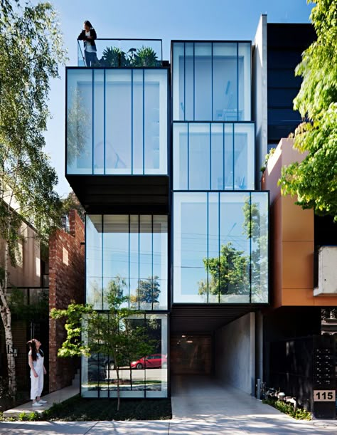 A Stacked Home In St Kilda For Every Family Member Architecture Renovation, Glass Facade, Glass Walls, Glass Facades, Mixed Use, House Extensions, Container Homes, Facade Design, Shipping Container