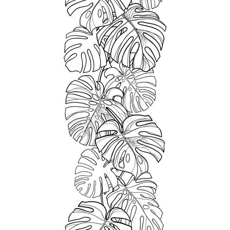 Vector seamless pattern with outline tropical Monstera or Swiss cheese plant leaf bunch in black on the white background. Vertical Monstera vine in contour for stock illustration Plant Sketches, Swiss Cheese Plant, Plant Tattoo, Cheese Plant, Soyut Sanat Tabloları, Leaf Drawing, Desenho Tattoo, 수채화 그림, Monstera Plant