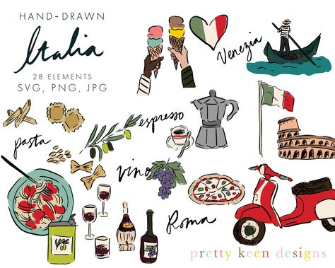 Italy Clipart, Italy Scrapbooking, Italy Birthday, Italy Illustration, April Calendar, Travel Clipart, Hall Ideas, Sticker Printable, Italian Posters