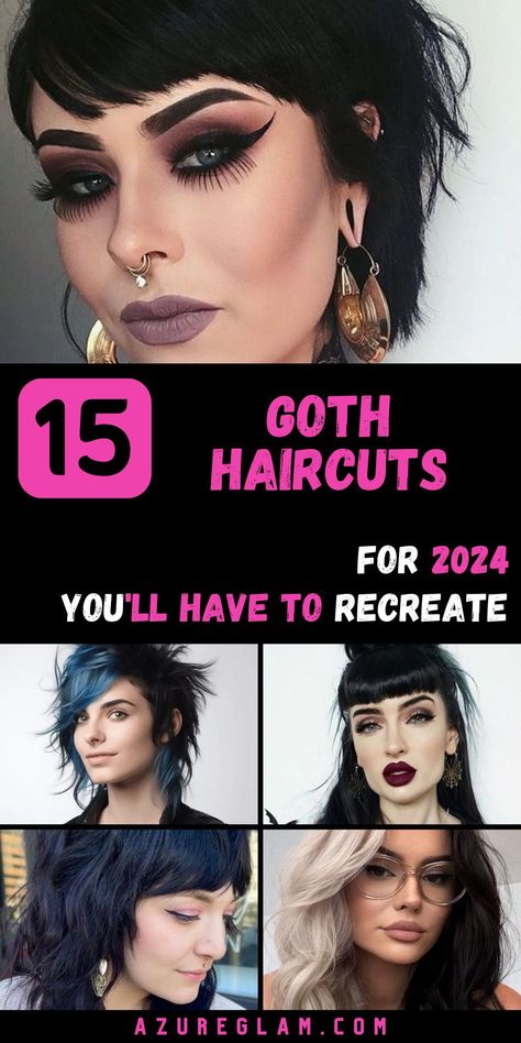 Explore the enchanting realm of 2024's Goth haircuts and elevate your style with a touch of darkness and mystique. Our exclusive collection presents a wide variety of Gothic-inspired haircut ideas, ranging from short, rebellious cuts to long, enchanting styles. Whether you're drawn to the allure of bangs or prefer medium-layered curls, our selection offers versatility and charm. Goth Beauty Aesthetic, Funky Layered Haircuts, Short Hair Styles Alternative, Gothic Bob Hairstyle, 2024 Edgy Hair, Alternative Medium Haircut, Long Rocker Hair Cuts For Women, Alternative Womens Haircuts, Edgy Female Haircut