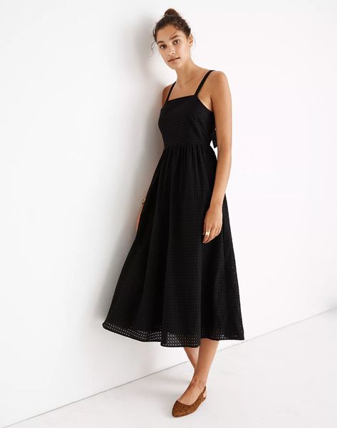 Petite Eyelet Bow-Back Midi Dress Bow Back Dress, Button Front Maxi Dress, Eyelet Maxi Dress, Pleated Skirt Dress, Bow Back, Tiered Midi Dress, Madewell Dresses, Striped Maxi Dresses, Back Dress