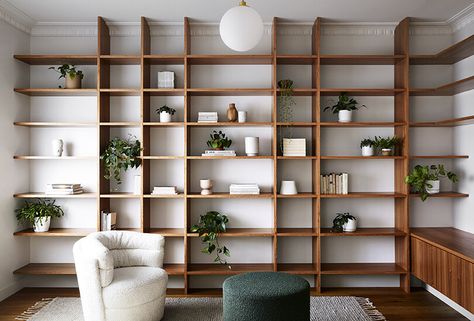 Office Ideas At Home, Floor To Ceiling Shelving, Harvest Prayer, Mod Kitchen, Office Bookshelf, Living Room Built Ins, California Bungalow, Study Nook, Melbourne House