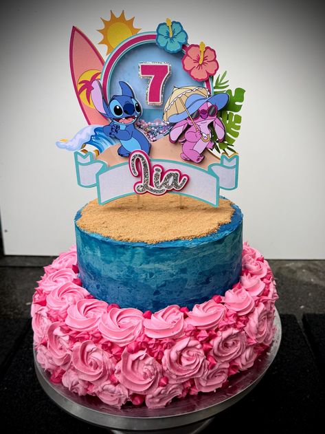 Stitch and Angel Cake with Cake Topper Stitch And Angel Cake, Alien Cake, Cute Cake Toppers, Pink Alien, Blue Alien, Birthday Cake Decoration, Angel Cake, Personalized Banners, Cute Cake