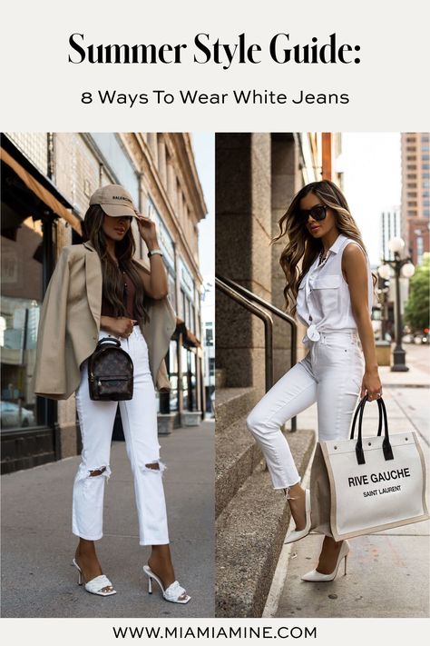 Fashion blogger mia mia mine sharing fresh ways to style white jeans for spring and summer. visit my blog for more white jeans and blazers outfits, all white summer outfits, and vacation outfits with white jeans. #outfitinspo #styletips #outfits White Jeans Outfit Summer Street Style, White Jeans Party Outfit, White Jeans Outfit Spring 2023, White Jeans Outfit Dressy, White Jeans Outfit Summer Classy, Summer White Dress Outfit, Denim Capri Outfit, White Ripped Jeans Outfit, All White Summer Outfits