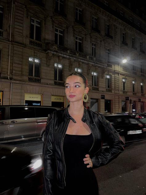 Black skims dress, leather jacket, big earrings Paris Night Outfit, Dress Leather Jacket, Dress Paris, Maxi Dress Outfit, Dress Leather, Paris At Night, Big Earrings, Dress Outfit, Night Outfits