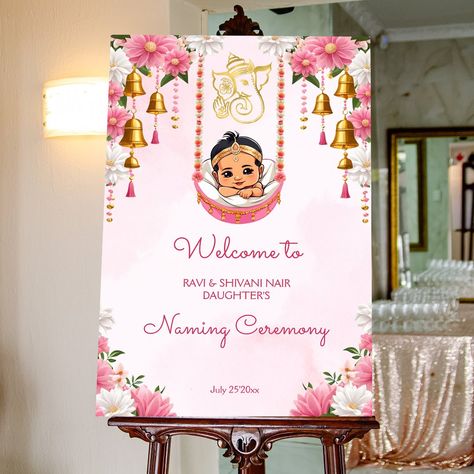 Naming Ceremony Welcome Board, Weaning Ceremony, Bells Decor, Baby Naming Ceremony, Indian Baby Shower Decorations, Indian Baby Girl, Naming Ceremony Invitation, Naming Ceremony Decoration, Indian Ceremony