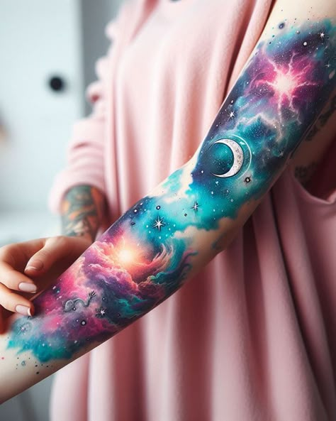 Galaxy Sleeve Tattoos For Women, Galaxy Back Tattoo, Space Tattoo Sleeve For Women, Galaxy Sleeve, Galaxy Tattoos, Watercolor Galaxy Tattoo, Galaxy Tattoo Sleeve, Nebula Tattoo, Astronomy Tattoo