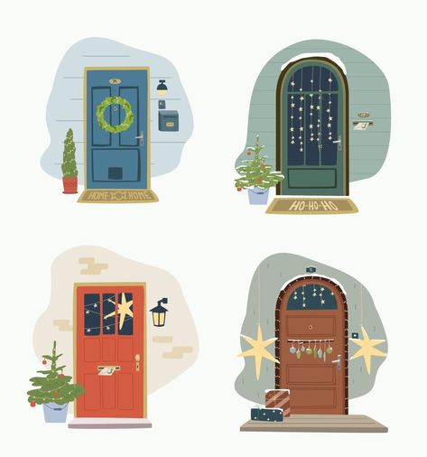 Set ith X-Mas decorated home front doors. Christmas tree by the house door with Wreath and Deco for party. Postcard, invitation or poser for new year and Merry Christmas. Front Door Illustration, Christmas Door Illustration, Door Illustration, Winter Door, House Front Door, House Doors, Christmas Drawing, Christmas House, Prop Design