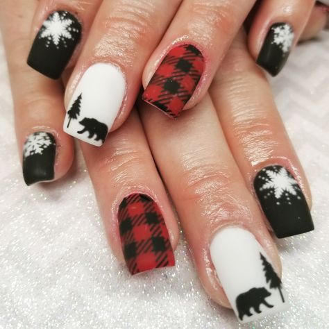 Buffalo Plaid Nails Christmas, Red Plaid Christmas Nails, Buffalo Check Nails, Fishing Nails, Buffalo Plaid Nails, Carey Nails, Flannel Nails, Deer Nails, Cowboy Nails