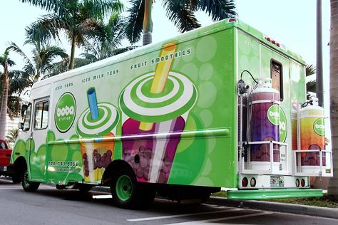 Boba Station Truck - Miami - The Hottest Food Trucks To Cool Down With This Summer Truck Advertising Design, Boba Truck, Drink Trailer, Juice Display, Boba Business, Tea And Coffee Bar, Smoothie Truck, Truck Design Ideas, Tea Truck