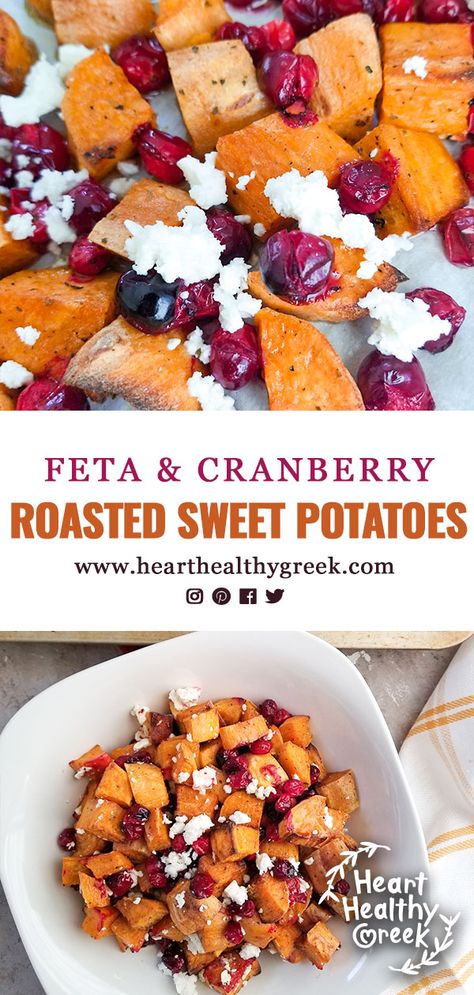 Roasted Sweet Potatoes with Feta and Cranberries Sweet Potatoes And Cranberries, Potatoes With Feta, Sweet Potato Side Dish, Sweet Potato Sides, Christmas Vegan, Feta Recipes, Paleo Lifestyle, Salad With Sweet Potato, Cranberry Recipes