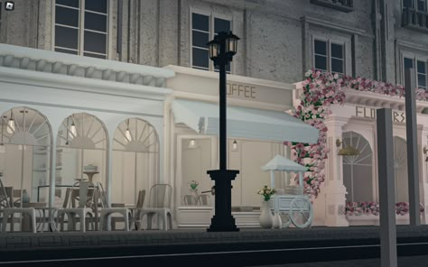 Realistic Bloxburg Cafe Exterior, City Builds Bloxburg, Nyc Cafe Bloxburg, Nyc Bloxburg Town, Bloxburg Shop Exterior, Bloxburg Paris Town Layout, Paris Bloxburg Layout, Bloxburg Mannequin Decals, Bus Stop Bloxburg