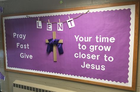 Lent Bulletin Board Ash Wednesday Bulletin Board Ideas, Lent Classroom Door, Lent Bulletin Boards Catholic, Lent Bulletin Board Ideas Church, Lenten Decorations For Church, Lenten Bulletin Board Ideas, Catholic Classroom Decor, Religious Bulletin Board Ideas, Lent Bulletin Board Ideas Catholic