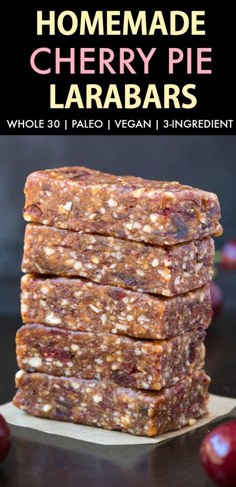 Homemade Cherry Pie Larabars (Whole30, Paleo, Vegan, Gluten Free) These homemade Larabars are cheaper than store-bought and take minutes to whip up! Made with just 3 Ingredients and whole30 approved! (vegan, whole 30, dairy free, refined sugar free)- #whole30 #vegan #whole30approved | Recipe on thebigmansworld.com Vegan Whole 30, Lara Bars Recipe, Homemade Larabars, Homemade Cherry Pie, Whole30 Vegan, Cherry Pies, Homemade Cherry Pies, Coconut Dessert, Desserts Keto