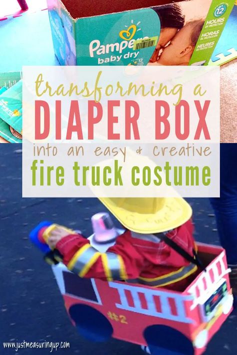 Looking for an easy halloween costume for kids? Make a fire truck costume from a diaper box! This fire truck halloween costume for little kids was simple to make and we even added lights and sound. Easy tutorial for this cool costume #diy #halloween #kidscostumes Diy Fireman Costumes, Fire Truck Costume, Truck Halloween Costume, Truck Costume, Diy Costumes Kids Boys, Firefighter Halloween, Halloween Costumes Kids Boys, Firefighter Costume, Box Costumes