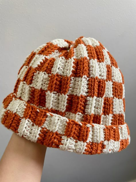 insta & depop - kazziecrochet Crochet Checkered Beanie Pattern Free, Checkered Crochet Hat Free Pattern, Crochet Checkered Beanie, Checker Beanie Crochet Pattern, Crochet Checkered Bucket Hat Free Pattern, Crochet Hat Checkered, Crochet Shorts Pattern, Crochet Shorts, Crochet Hat Free